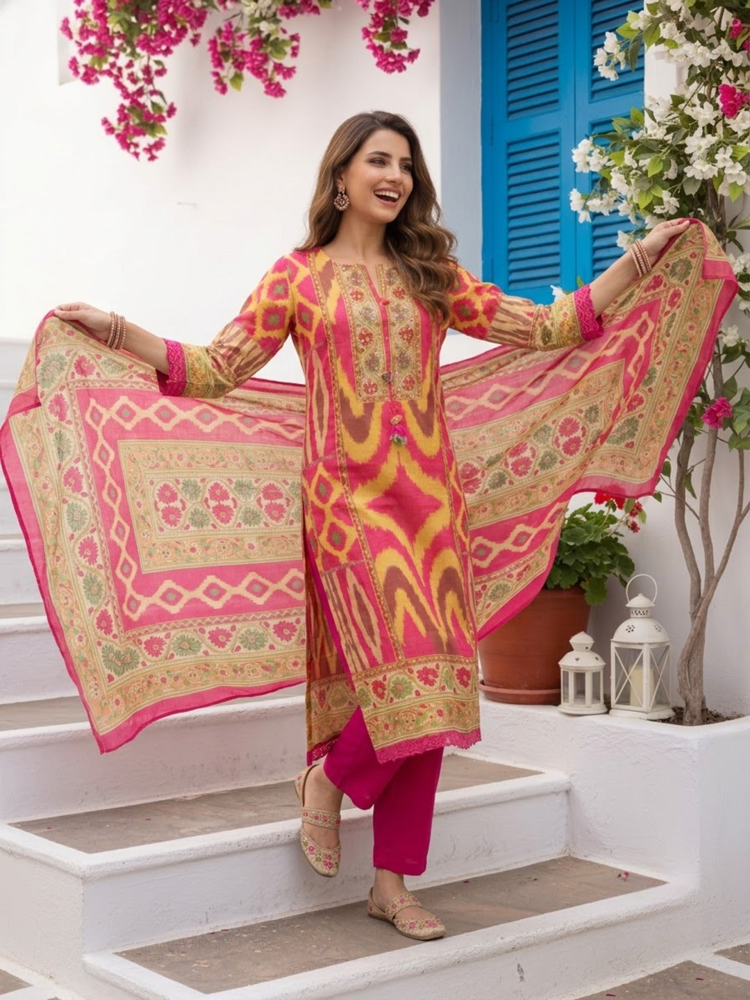 Multicolour Ikat Print Voile Kurta Set with Pink Palazzo & Dupatta