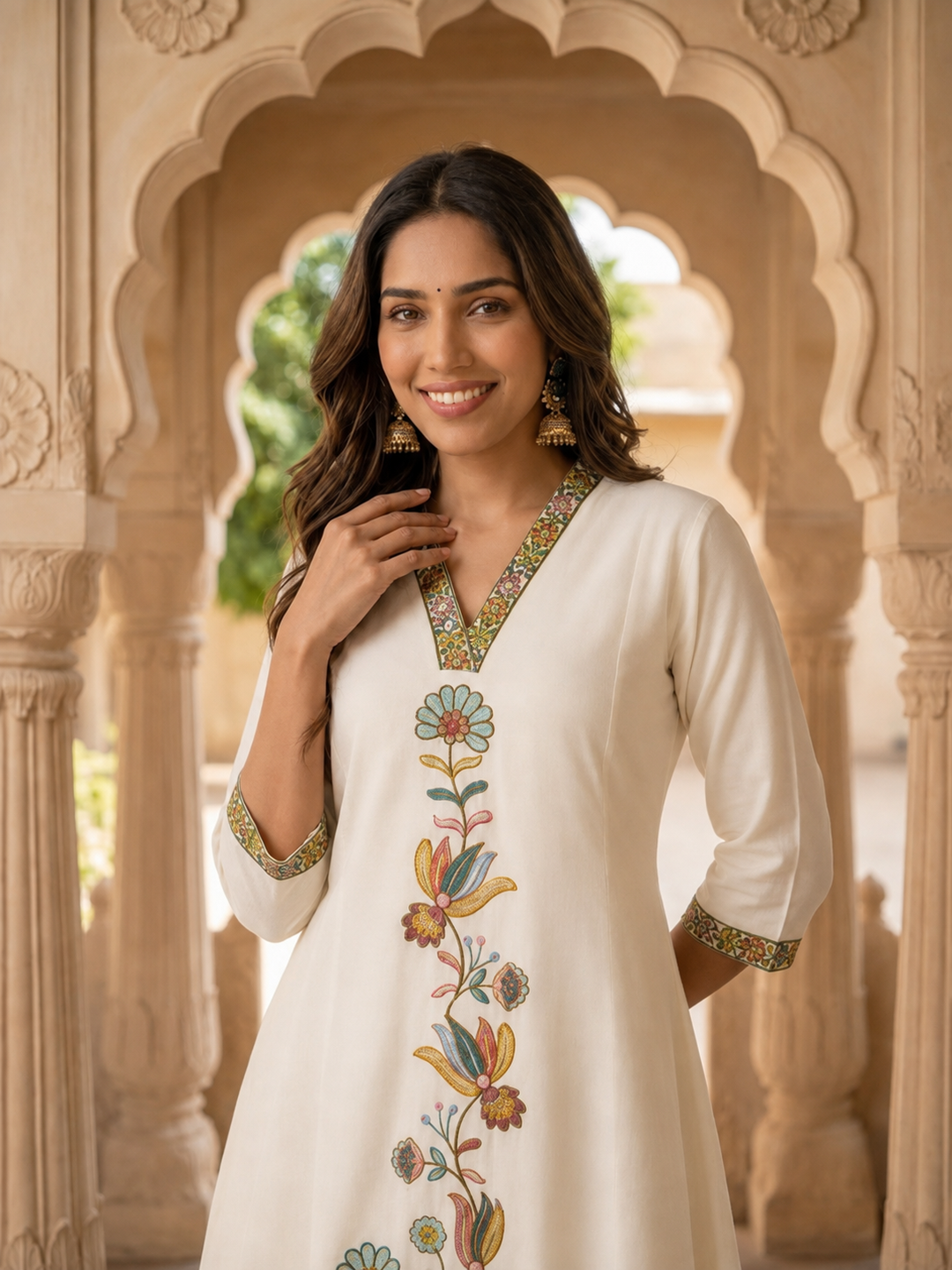 Off White Cotton Embroidered A-Line Kurta Set with Palazzo & Dupatta
