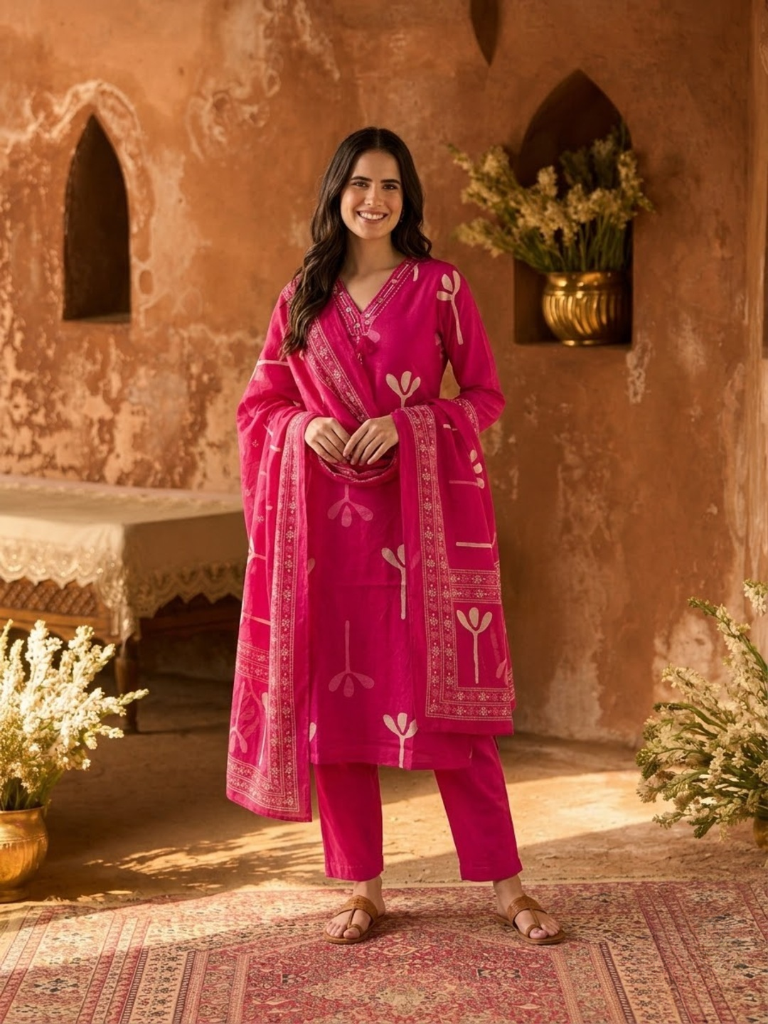 Pink Abstract Print Cotton Kurta Set with Palazzo & Dupatta