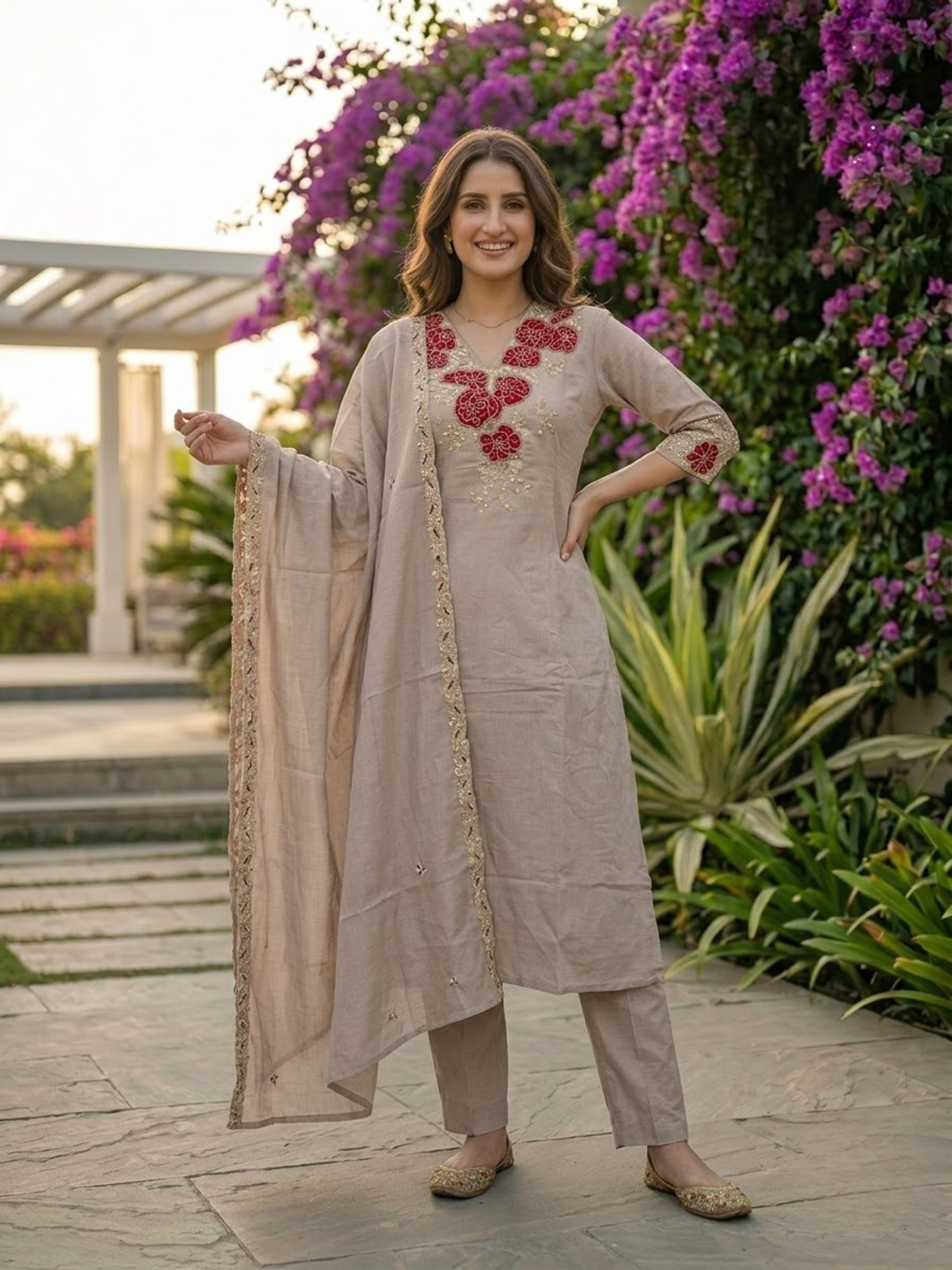 Taupe Floral Appliqué Embroidered Kurta and Bottom & Dupatta