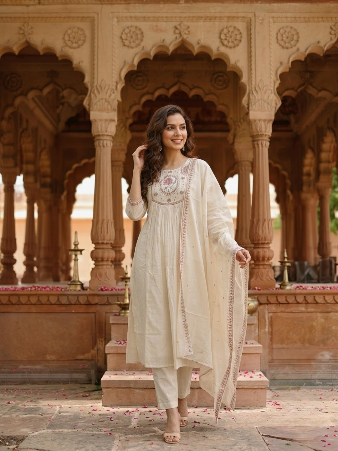 Cream Embroidered Zardozi 3-Piece Kurta Set