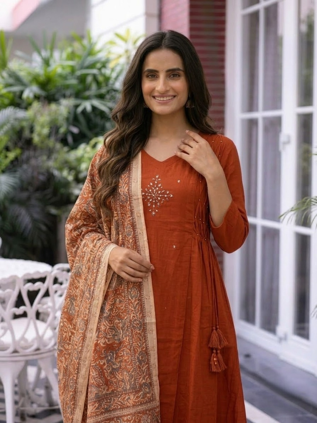 Rust Cotton Angrakha A-Line Kurta Set with Palazzo & Dupatta