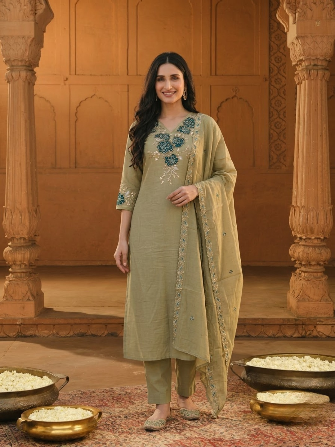 Olive Floral Appliqué Embroidered 3-Piece Kurta Set