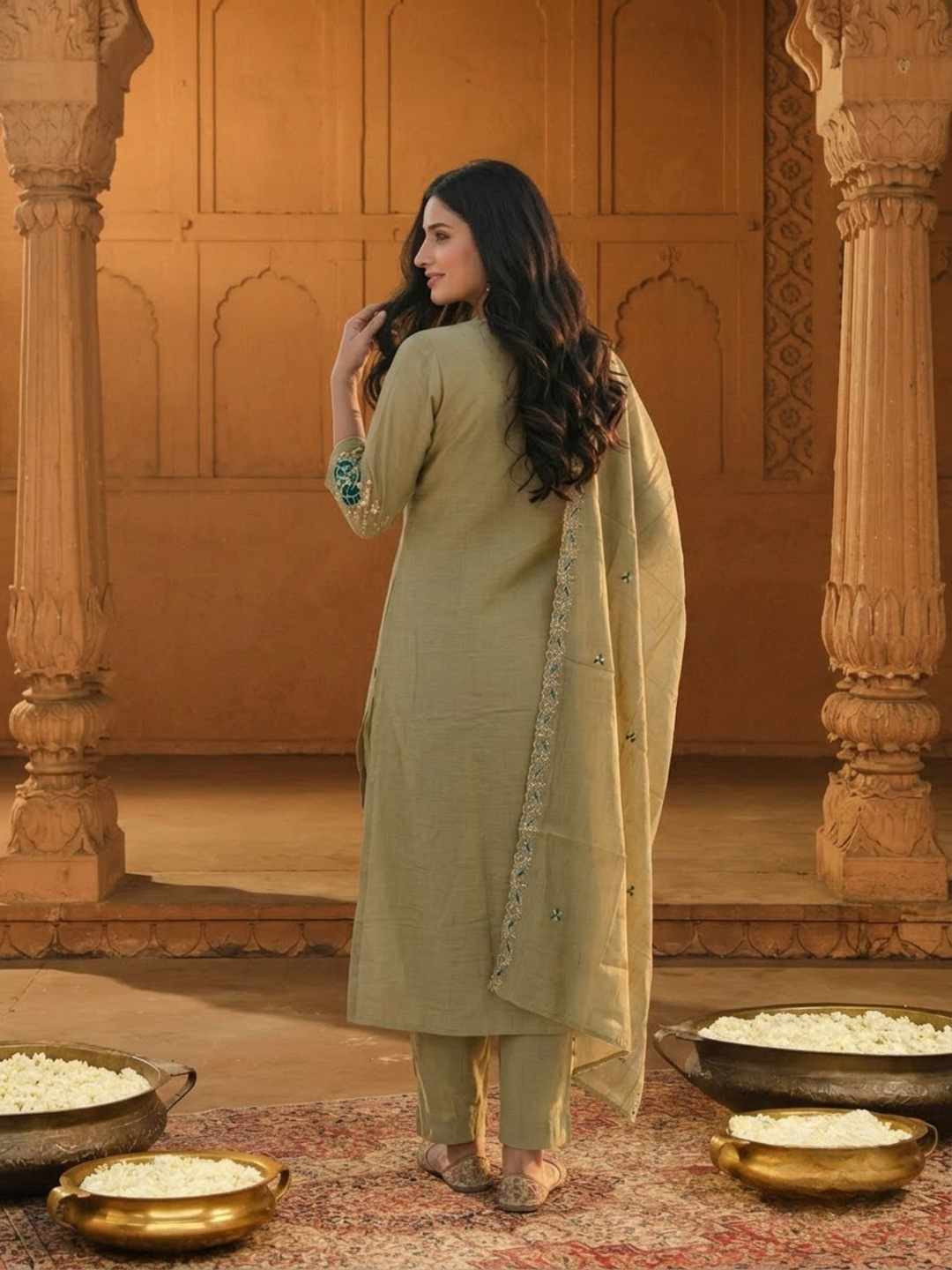 Olive Floral Appliqué Embroidered 3-Piece Kurta Set