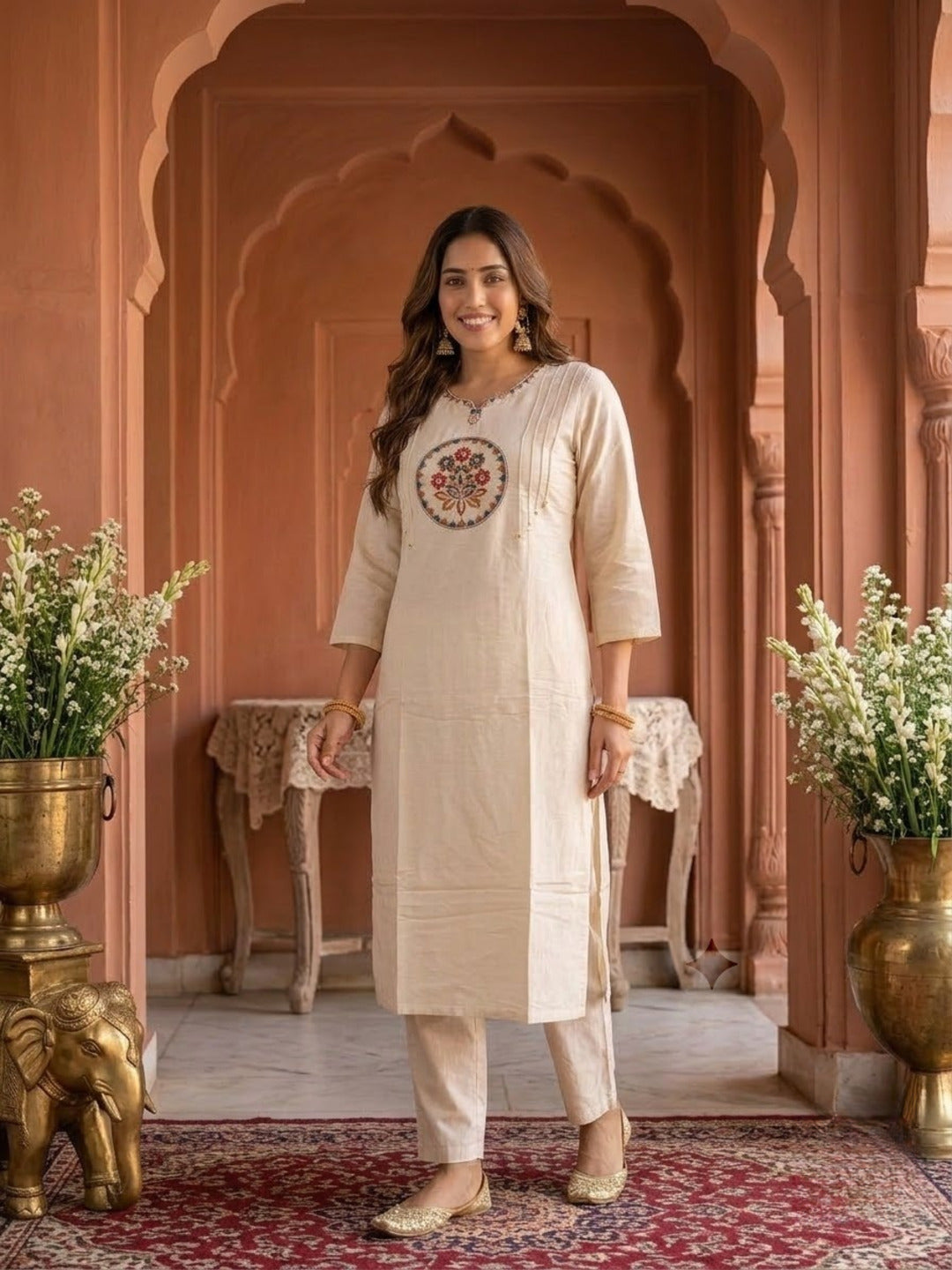 Cream Solid Silk Straight Kurta Set with Threadwork Embroidery, Pant & Dupatta