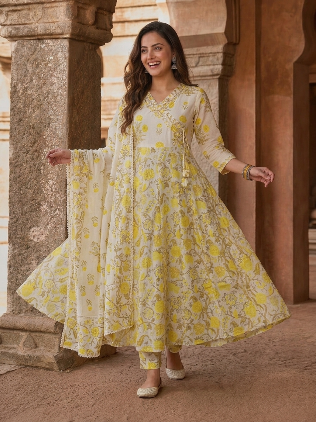 Off White Floral Print Cotton Anarkali Kurta Set with Mirror & Zari Work, Pant & Dupatta