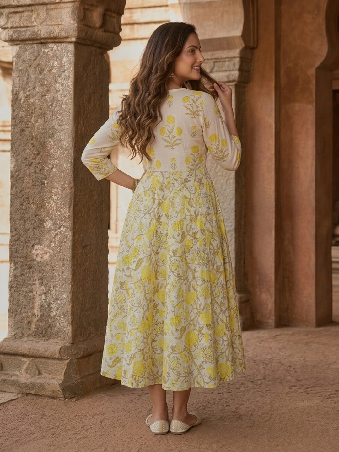 Off White Floral Print Cotton Anarkali Kurta Set with Mirror & Zari Work, Pant & Dupatta