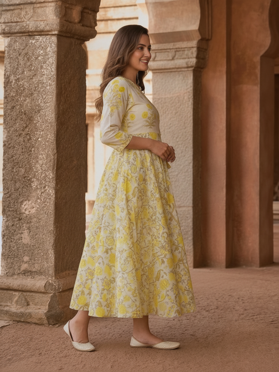 Off White Floral Print Cotton Anarkali Kurta Set with Mirror & Zari Work, Pant & Dupatta