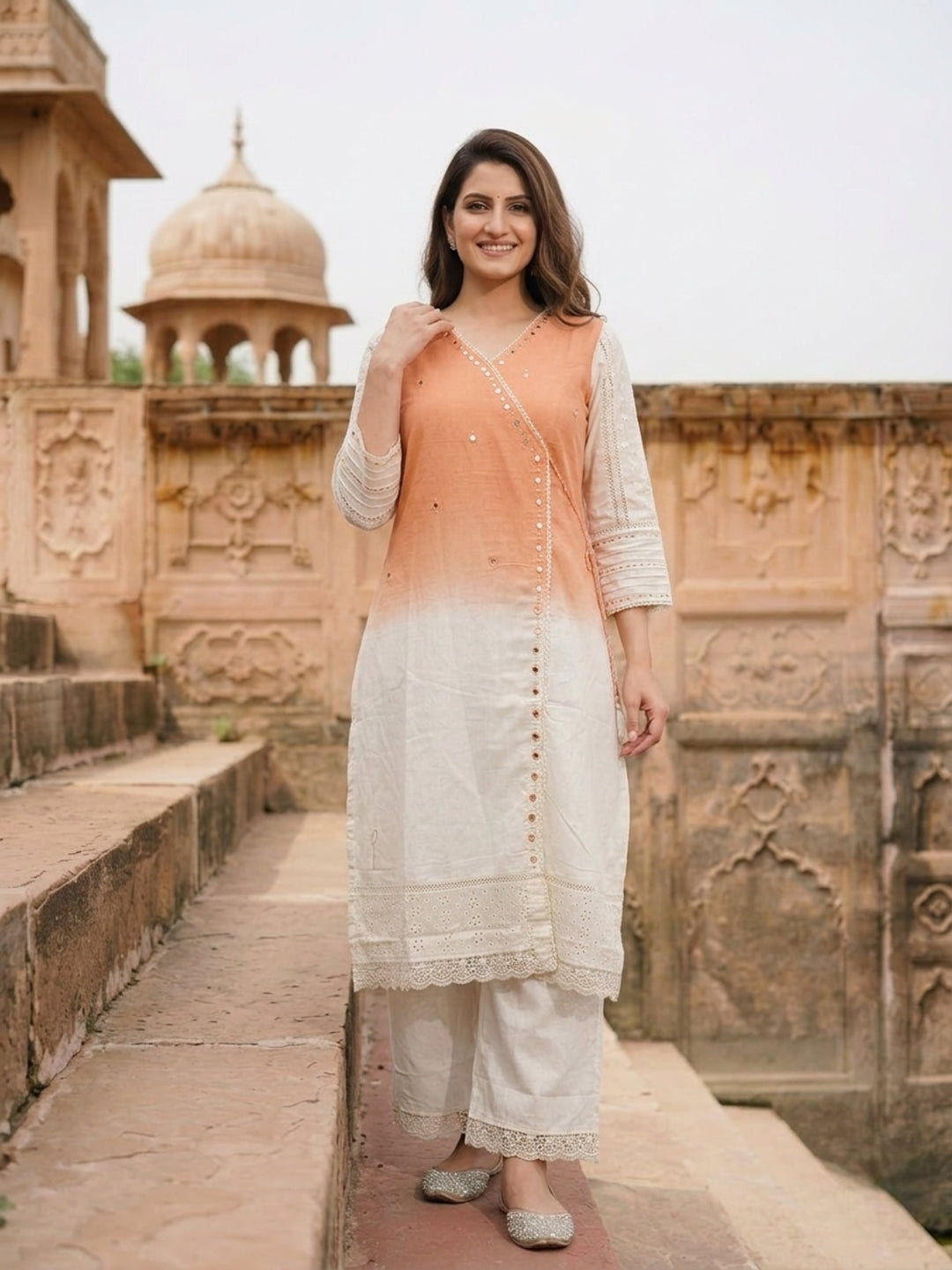 Orange Ombre Dyed Cotton A-Line Kurta Set with Mirror Work, Off White Palazzo & Dupatta