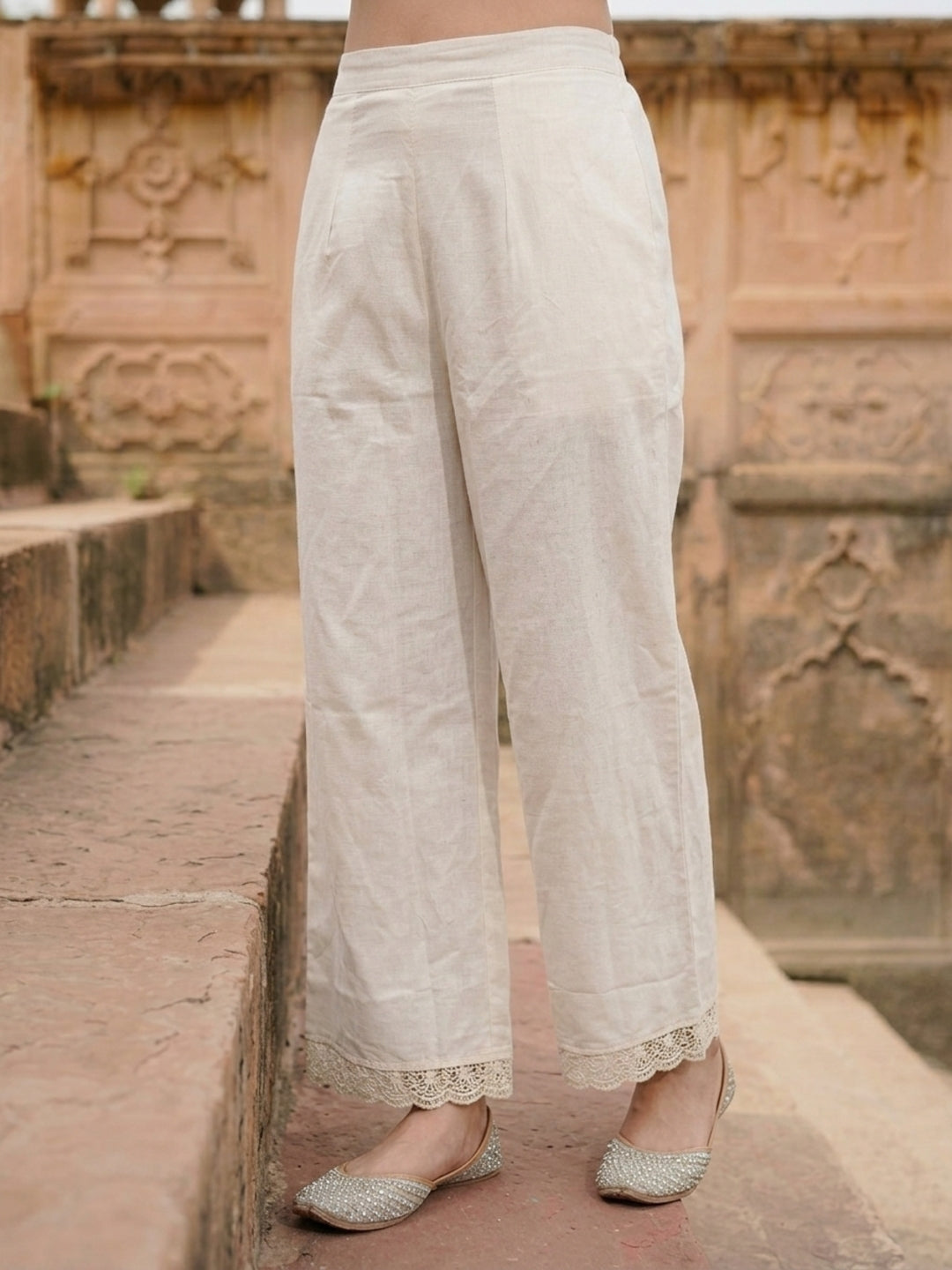 Orange Ombre Dyed Cotton A-Line Kurta Set with Mirror Work, Off White Palazzo & Dupatta