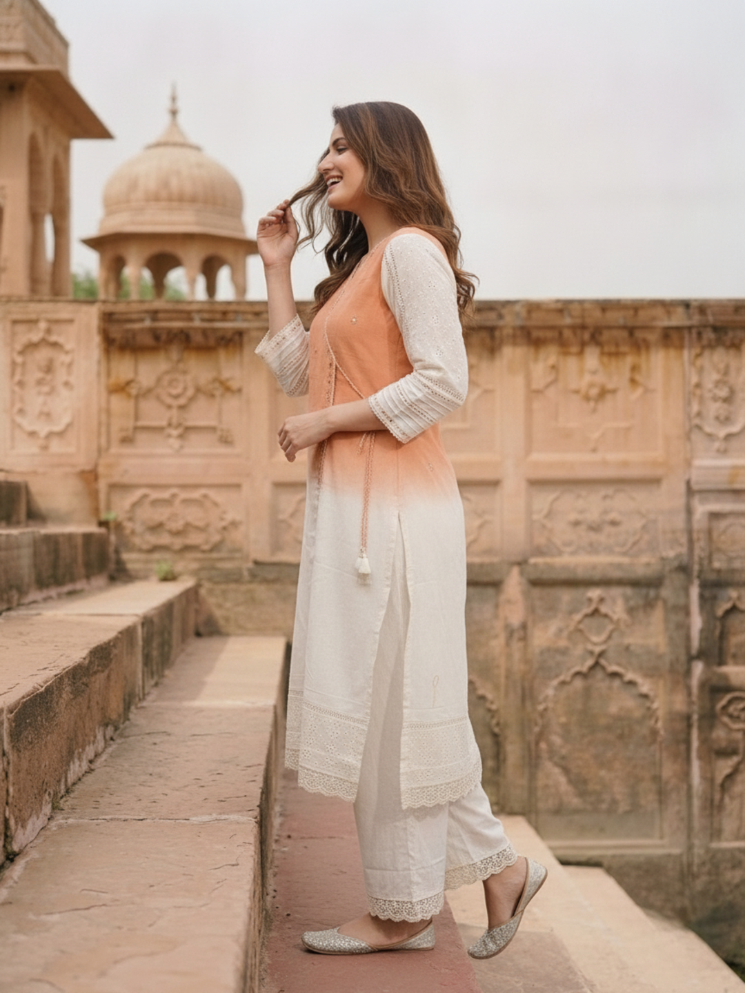 Orange Ombre Dyed Cotton A-Line Kurta Set with Mirror Work, Off White Palazzo & Dupatta