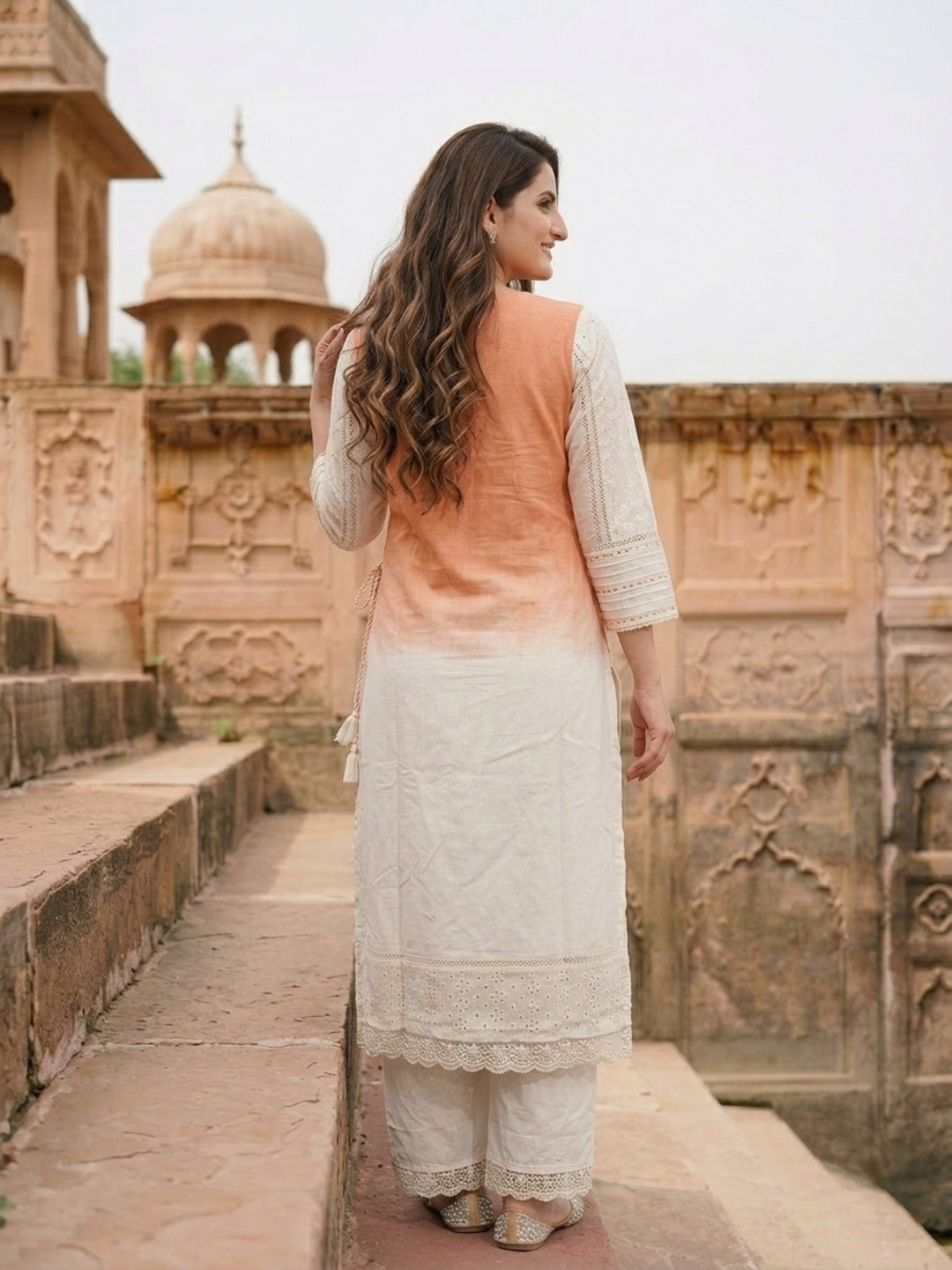 Orange Ombre Dyed Cotton A-Line Kurta Set with Mirror Work, Off White Palazzo & Dupatta