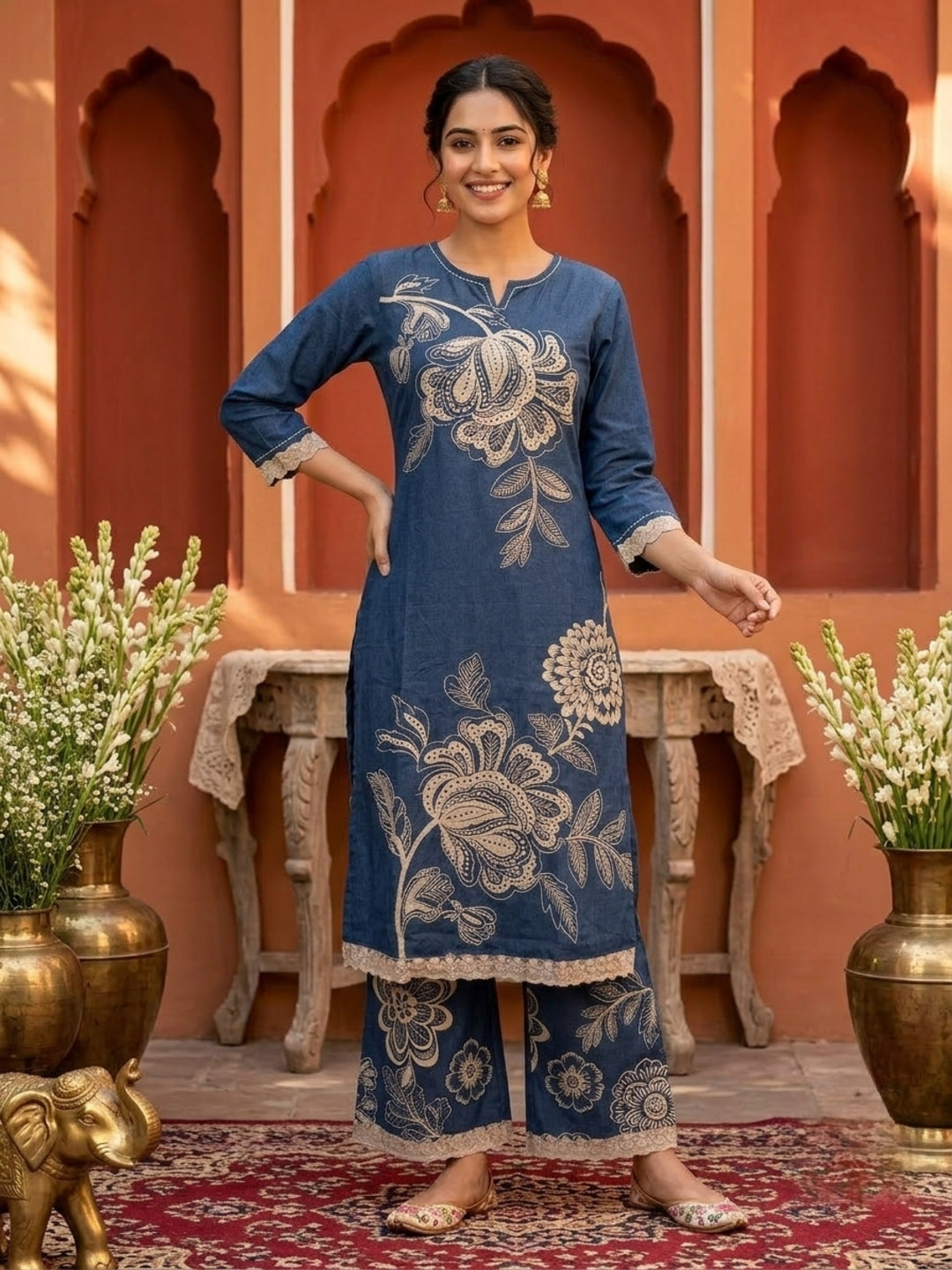 Navy Blue Solid Cotton Straight Kurta Set with Floral Embroidery, Printed Palazzo & Dupatta