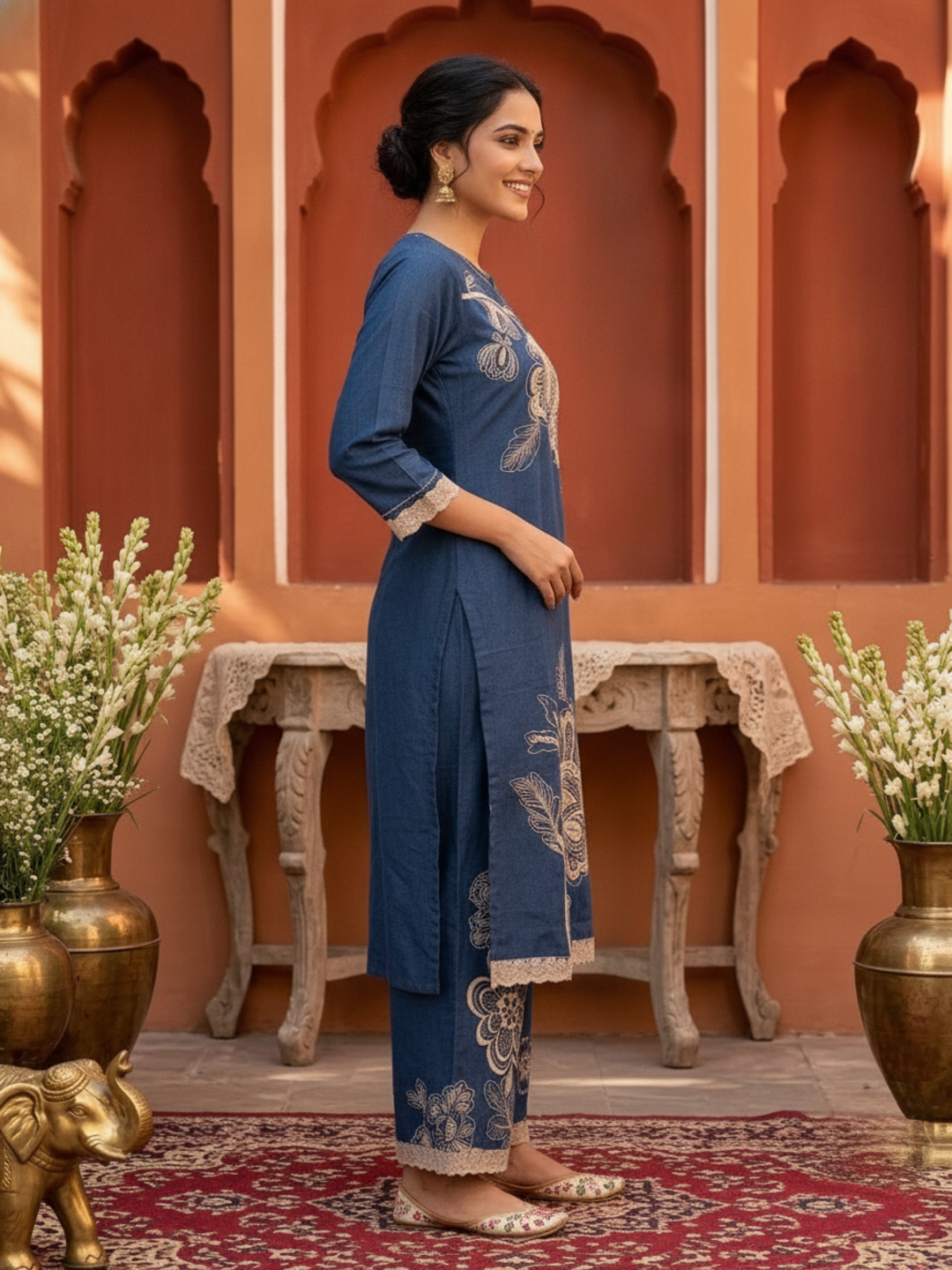 Navy Blue Solid Cotton Straight Kurta Set with Floral Embroidery, Printed Palazzo & Dupatta