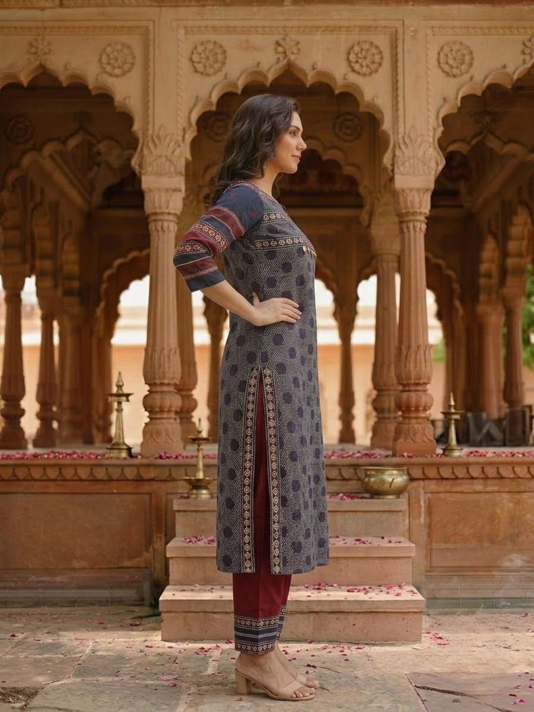 Blue Ethnic Print Cotton Straight Kurta Set with Mirror Work, Maroon Palazzo & Dupatta