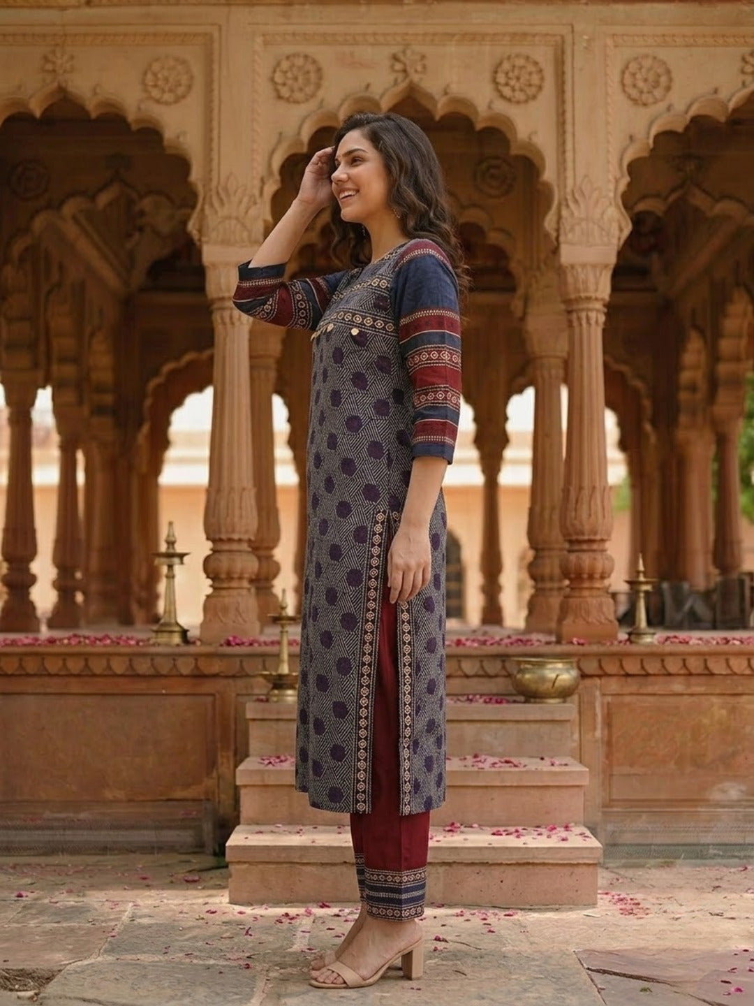 Blue Ethnic Print Cotton Straight Kurta Set with Mirror Work, Maroon Palazzo & Dupatta