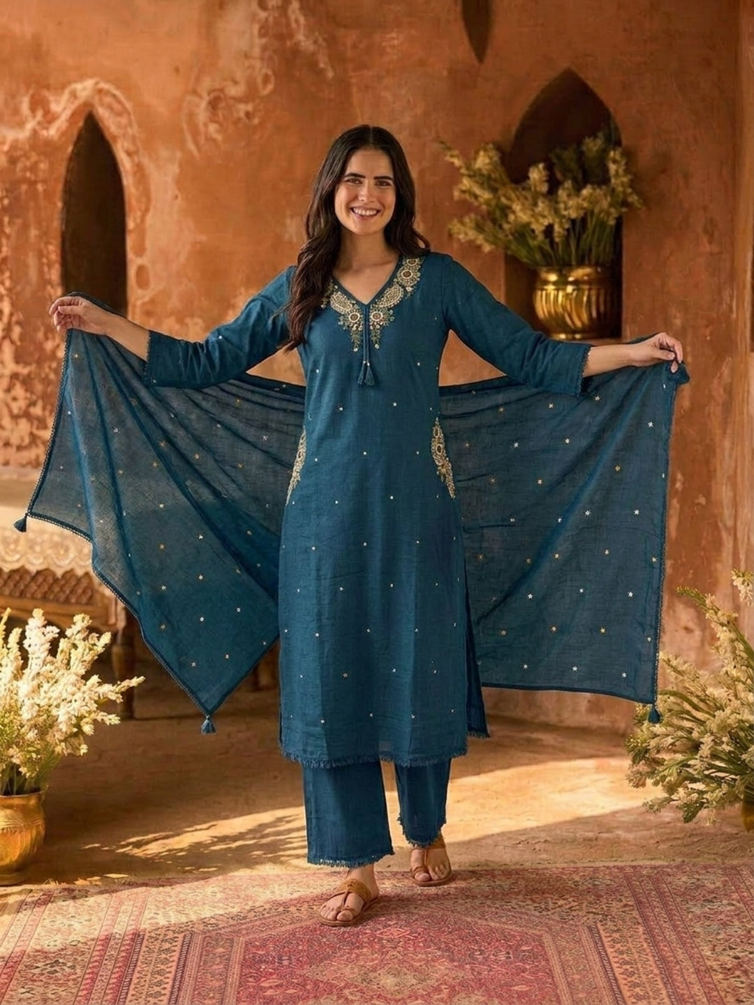 Teal Blue Solid Cotton A-Line Kurta Set with Mirror, Bead & Resham Work, Palazzo & Dupatta