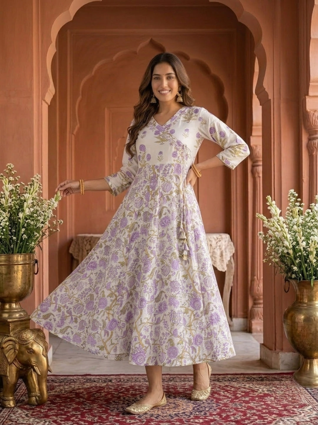 Off White Floral Print Cotton Anarkali Kurta Set with Embroidery, Pant & Dupatta