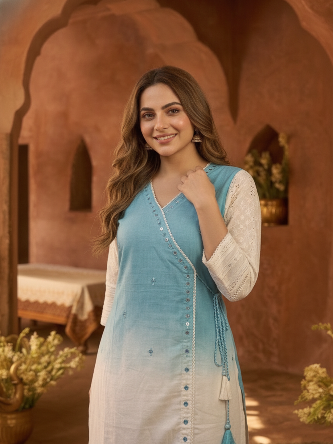 Sky Blue Ombre Dyed Cotton A-Line Kurta Set with Mirror Work, Off White Palazzo & Dupatta