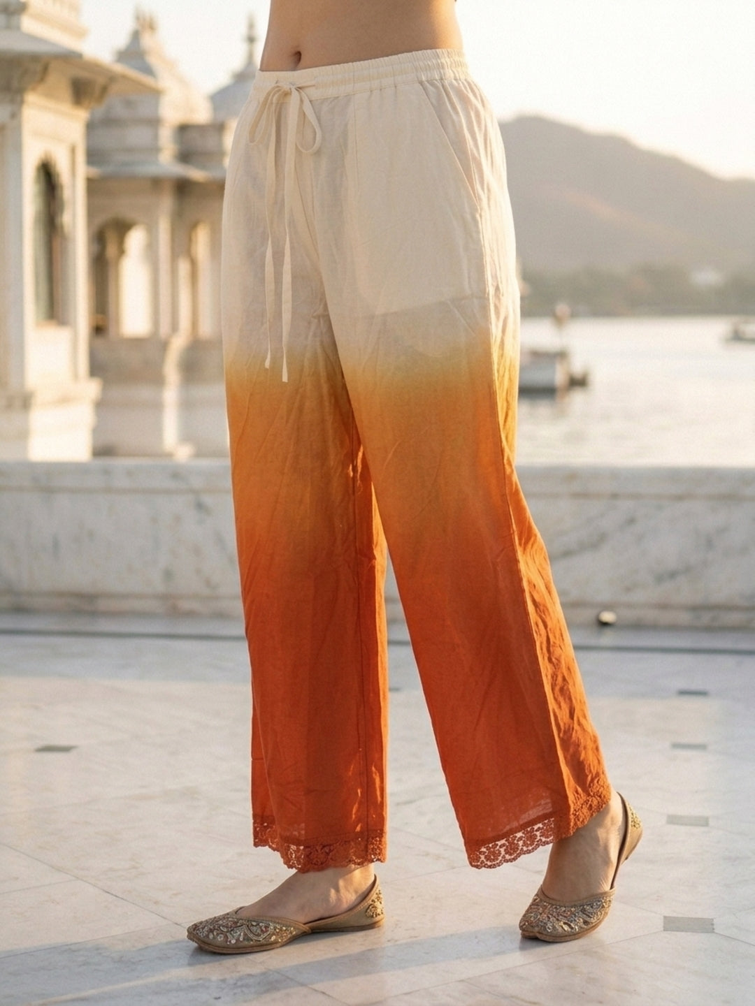 Orange Ombre Dyed Cotton A-Line Kurta Set with Mirror Work, Palazzo & Dupatta