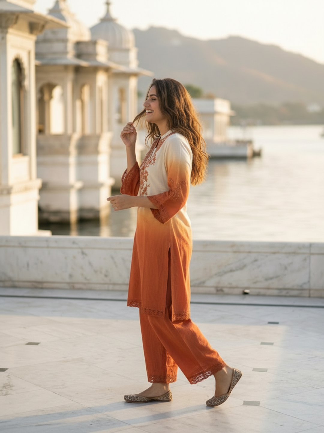 Orange Ombre Dyed Cotton A-Line Kurta Set with Mirror Work, Palazzo & Dupatta