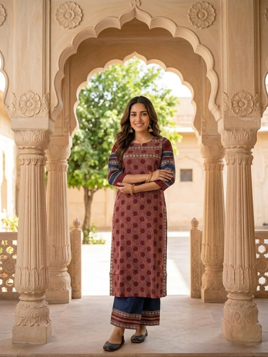 Maroon Geometric & Floral Print Cotton Blend Straight Kurta Set with Navy Blue Pants & Dupatta