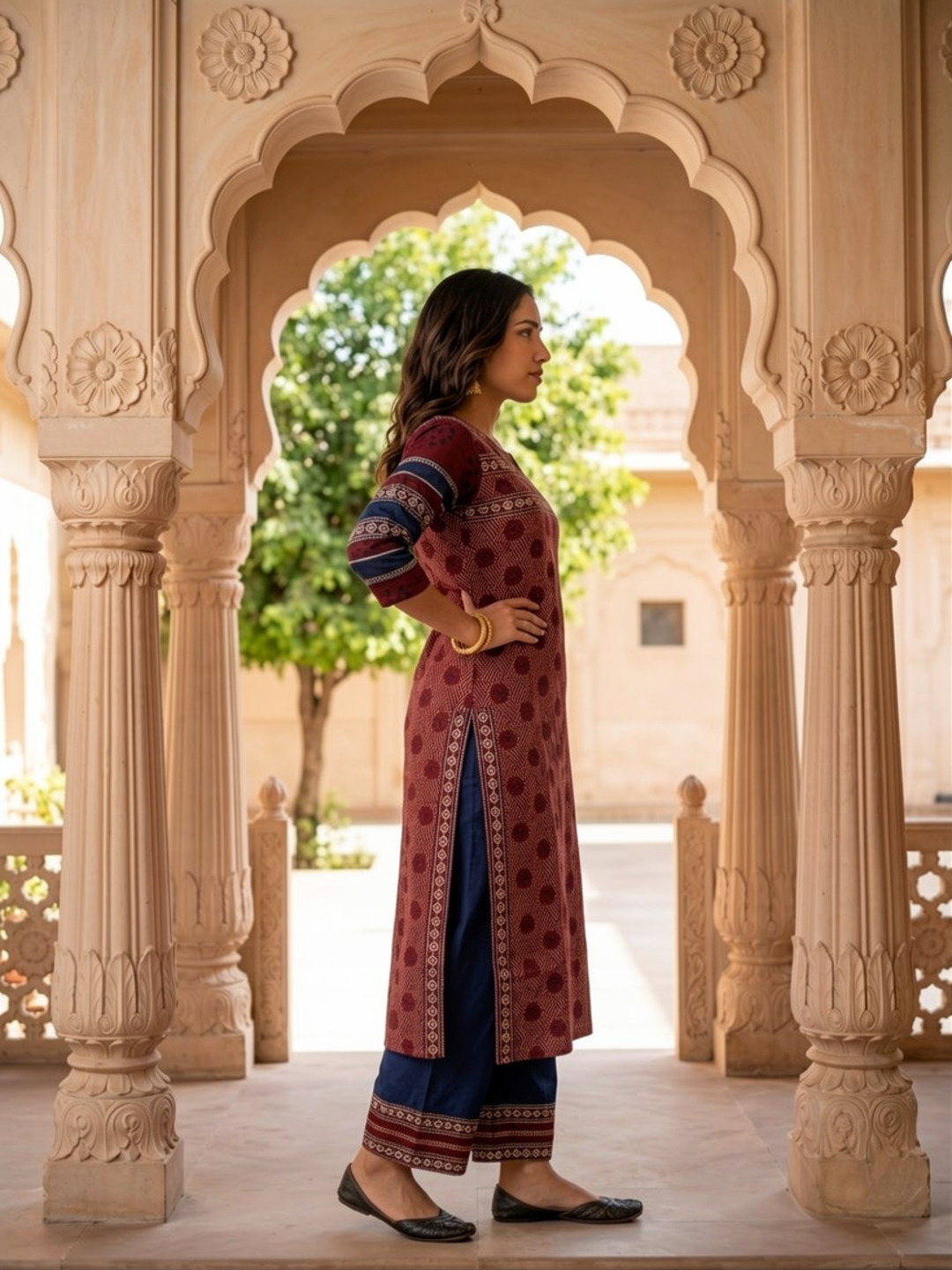 Maroon Geometric & Floral Print Cotton Blend Straight Kurta Set with Navy Blue Pants & Dupatta