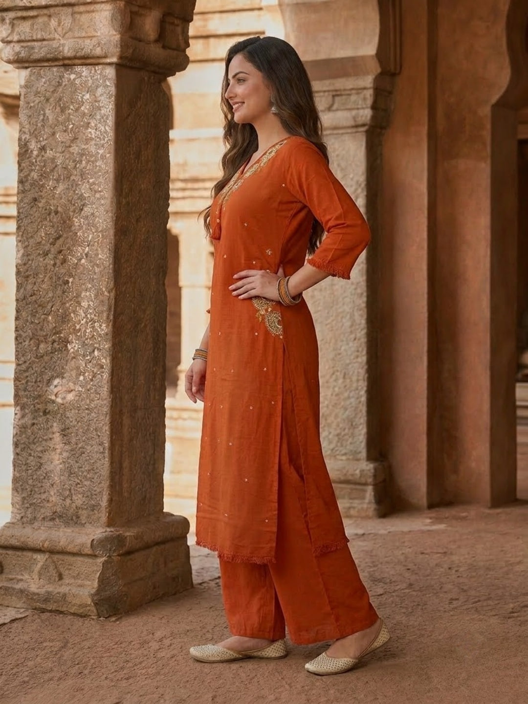 Rust Solid Cotton A-Line Kurta Set with Mirror, Bead & Resham Work, Palazzo & Dupatta