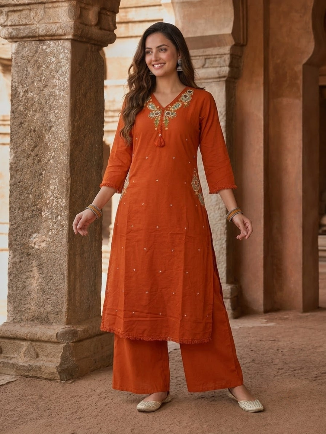 Rust Solid Cotton A-Line Kurta Set with Mirror, Bead & Resham Work, Palazzo & Dupatta