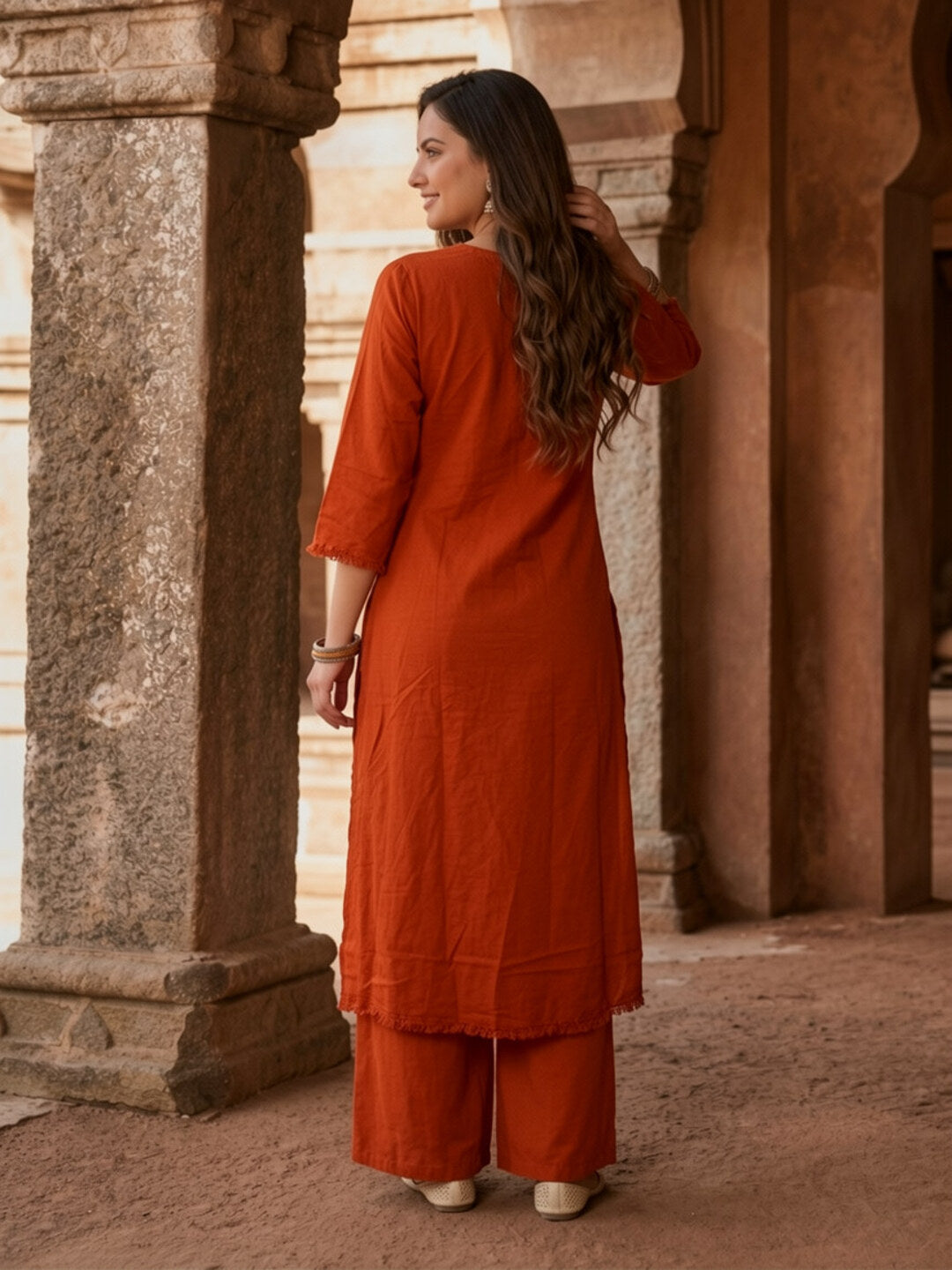 Rust Solid Cotton A-Line Kurta Set with Mirror, Bead & Resham Work, Palazzo & Dupatta