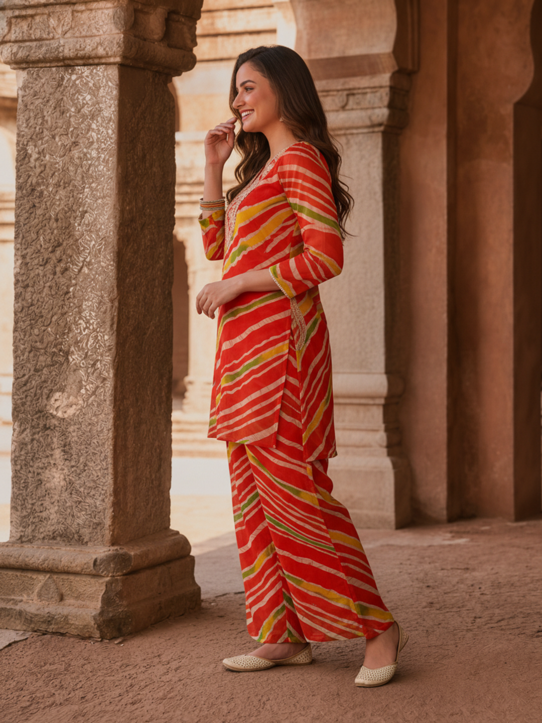 Orange Lehariya Print Chiffon A-Line Kurta Co-ord Set with Mirror & Sequin Work, Pant