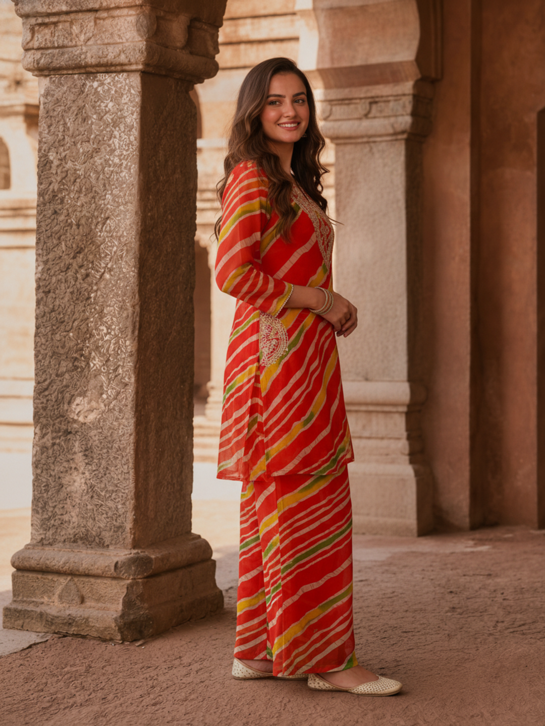Orange Lehariya Print Chiffon A-Line Kurta Co-ord Set with Mirror & Sequin Work, Pant