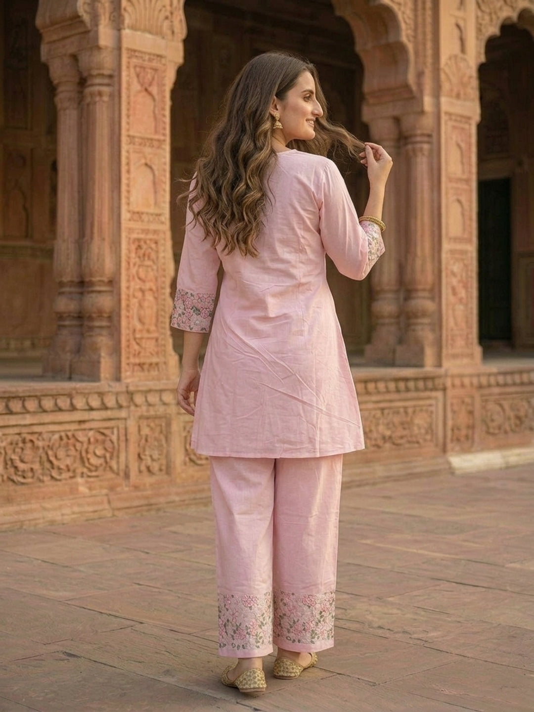 Pink Solid Cotton A-Line Pleated Kurta Set with Floral Embroidery, Sequins & Palazzo