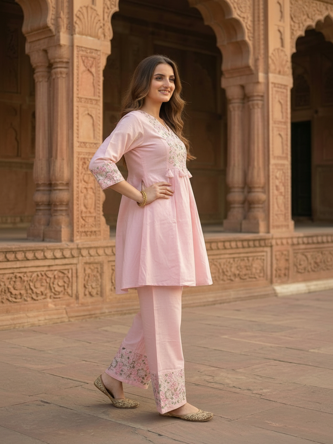 Pink Solid Cotton A-Line Pleated Kurta Set with Floral Embroidery, Sequins & Palazzo