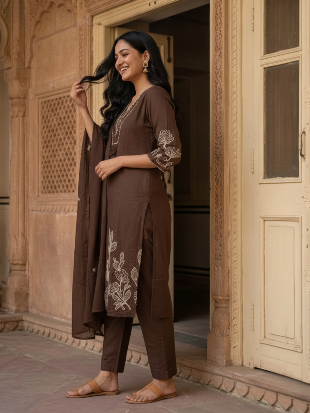 Coffee Brown Solid Cotton Straight Kurta Set with Abstract Embroidery, Palazzo & Dupatta