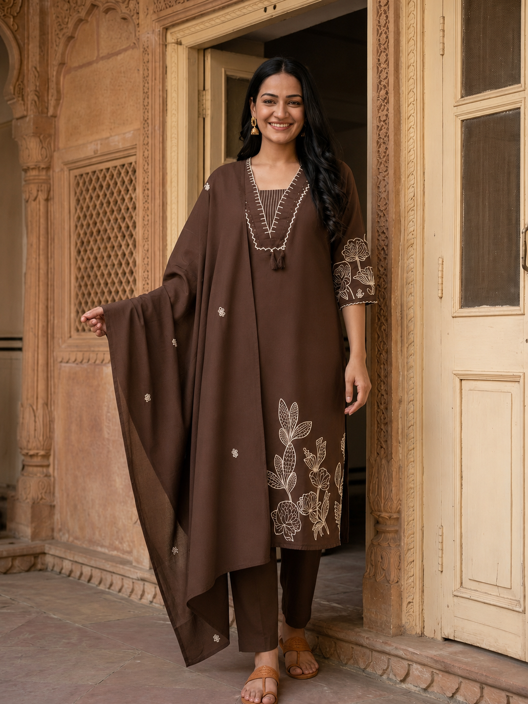 Coffee Brown Solid Cotton Straight Kurta Set with Abstract Embroidery, Palazzo & Dupatta