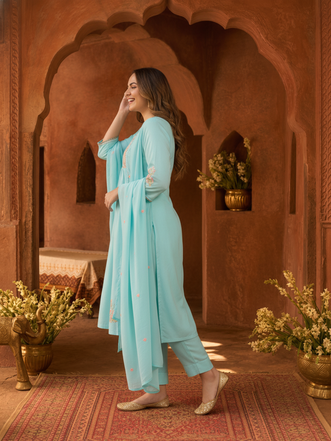 Sky Blue Solid Cotton A-Line Pleated Kurta Set with Embroidered Yoke & Crochet Lace, Pant & Dupatta