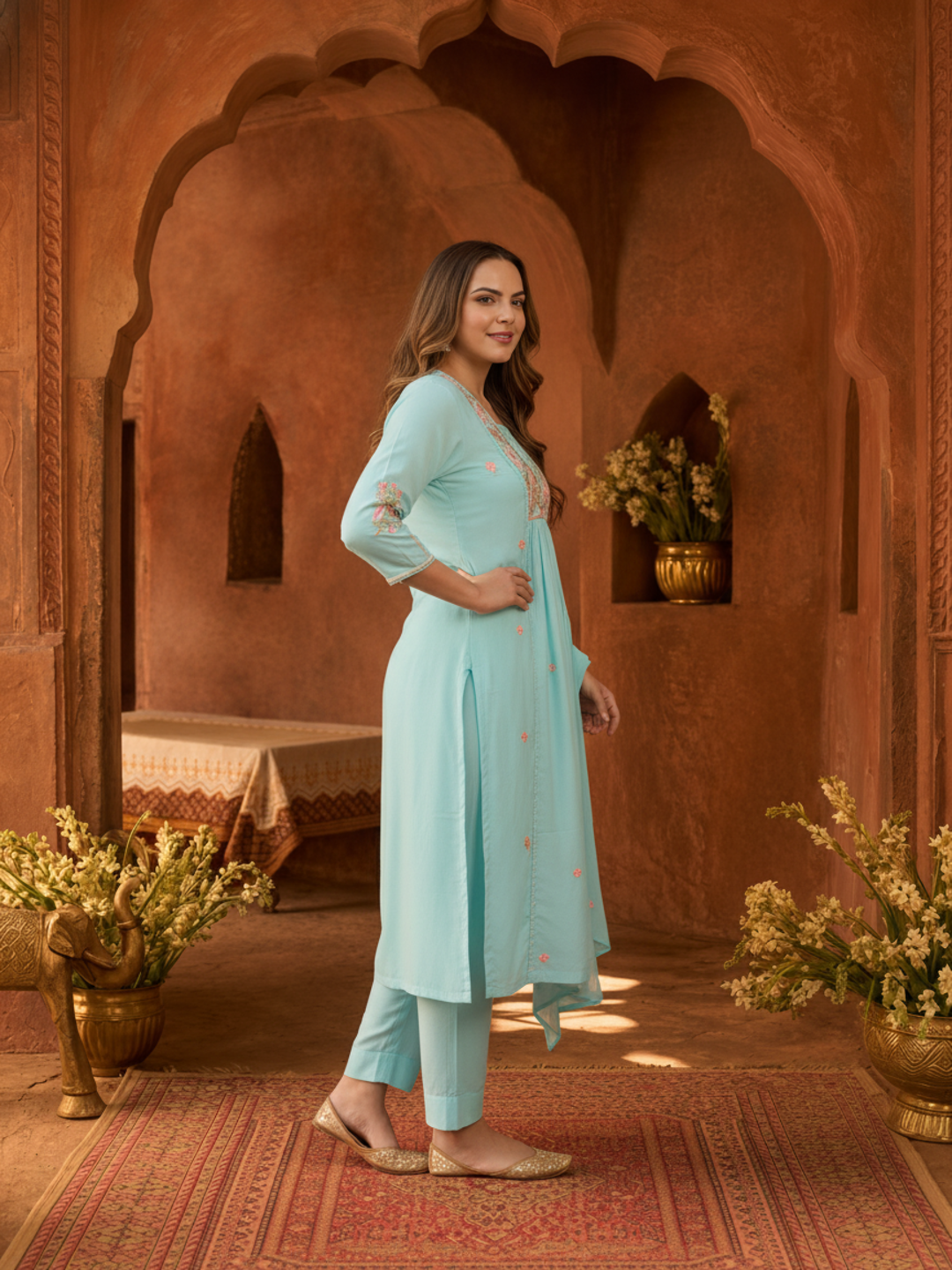 Sky Blue Solid Cotton A-Line Pleated Kurta Set with Embroidered Yoke & Crochet Lace, Pant & Dupatta