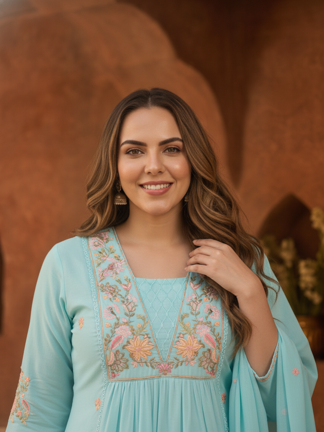 Sky Blue Solid Cotton A-Line Pleated Kurta Set with Embroidered Yoke & Crochet Lace, Pant & Dupatta