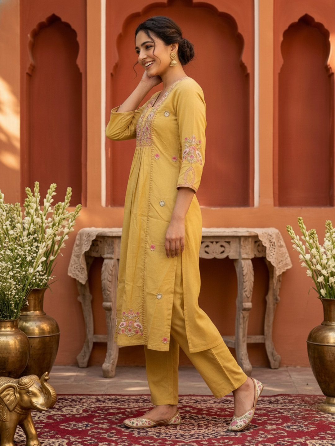 Yellow Solid Cotton A-Line Pleated Kurta Set with Embroidered Yoke & Crochet Lace, Pant & Dupatta