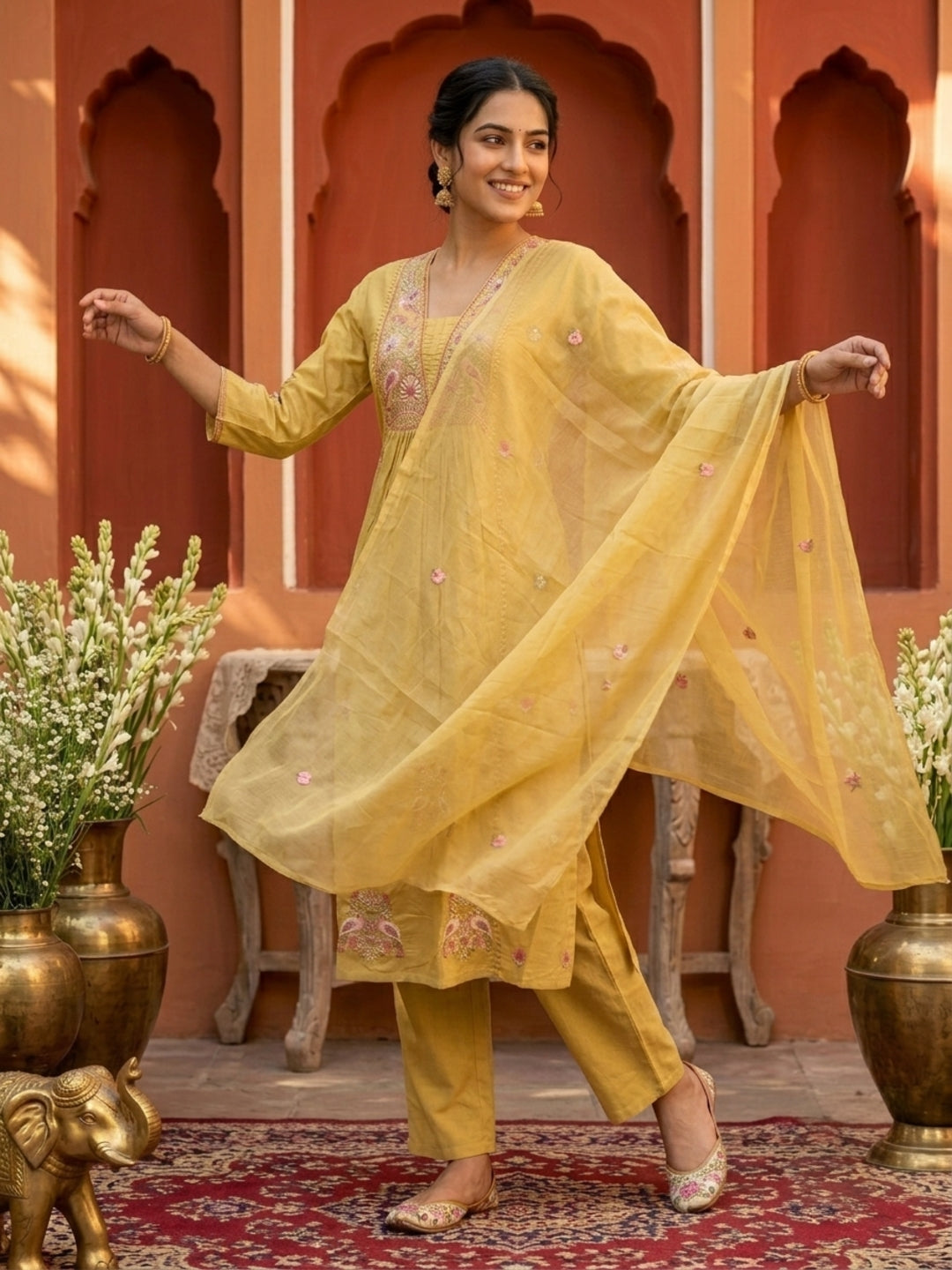 Yellow Solid Cotton A-Line Pleated Kurta Set with Embroidered Yoke & Crochet Lace, Pant & Dupatta