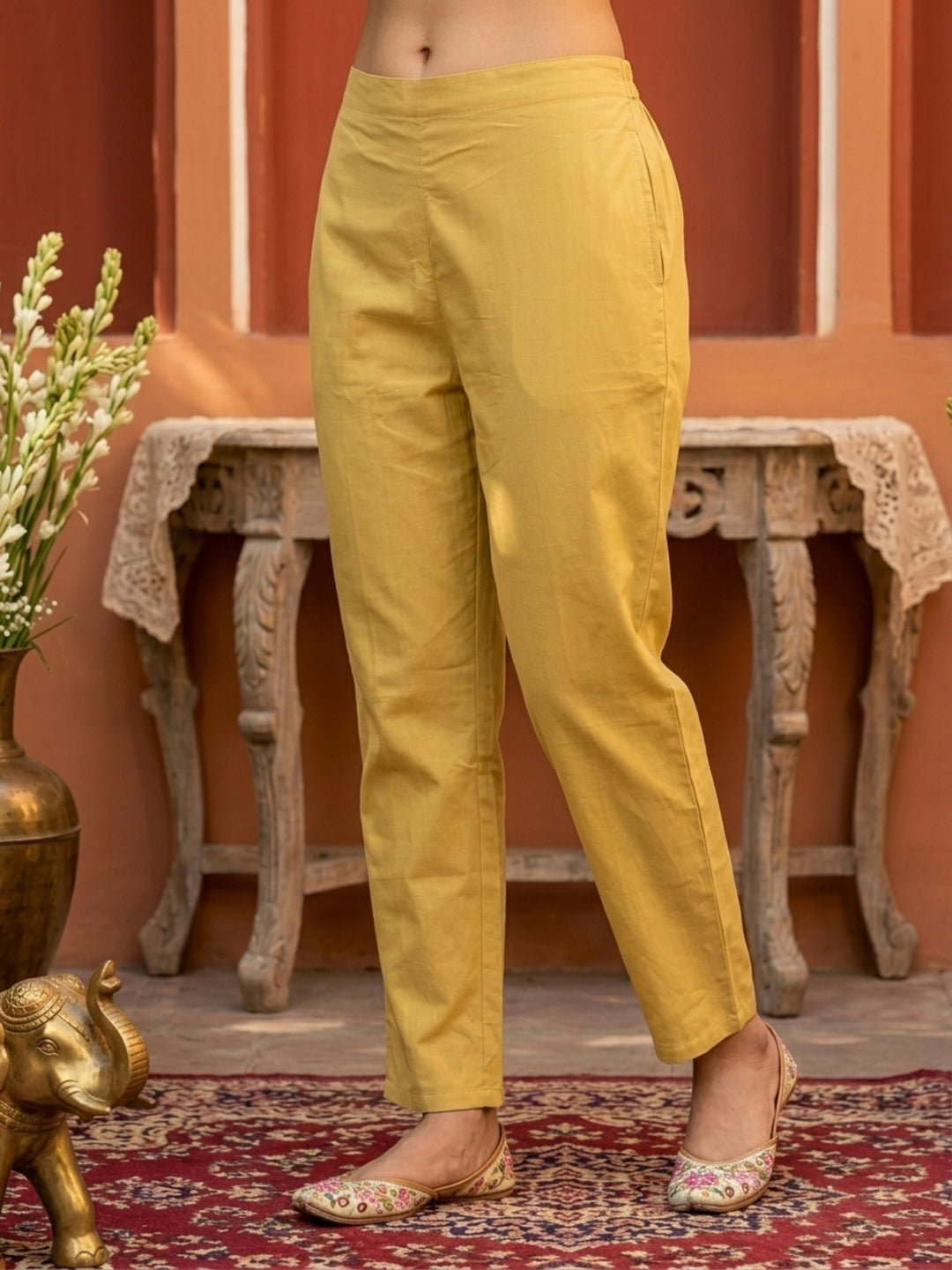 Yellow Solid Cotton A-Line Pleated Kurta Set with Embroidered Yoke & Crochet Lace, Pant & Dupatta