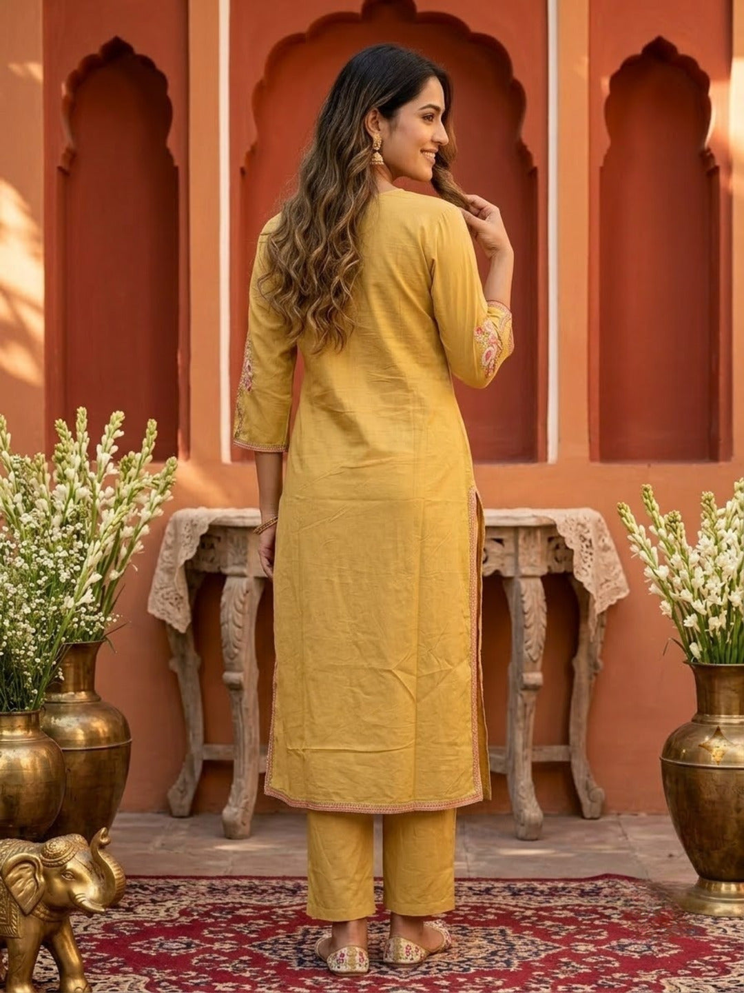 Yellow Solid Cotton A-Line Pleated Kurta Set with Embroidered Yoke & Crochet Lace, Pant & Dupatta
