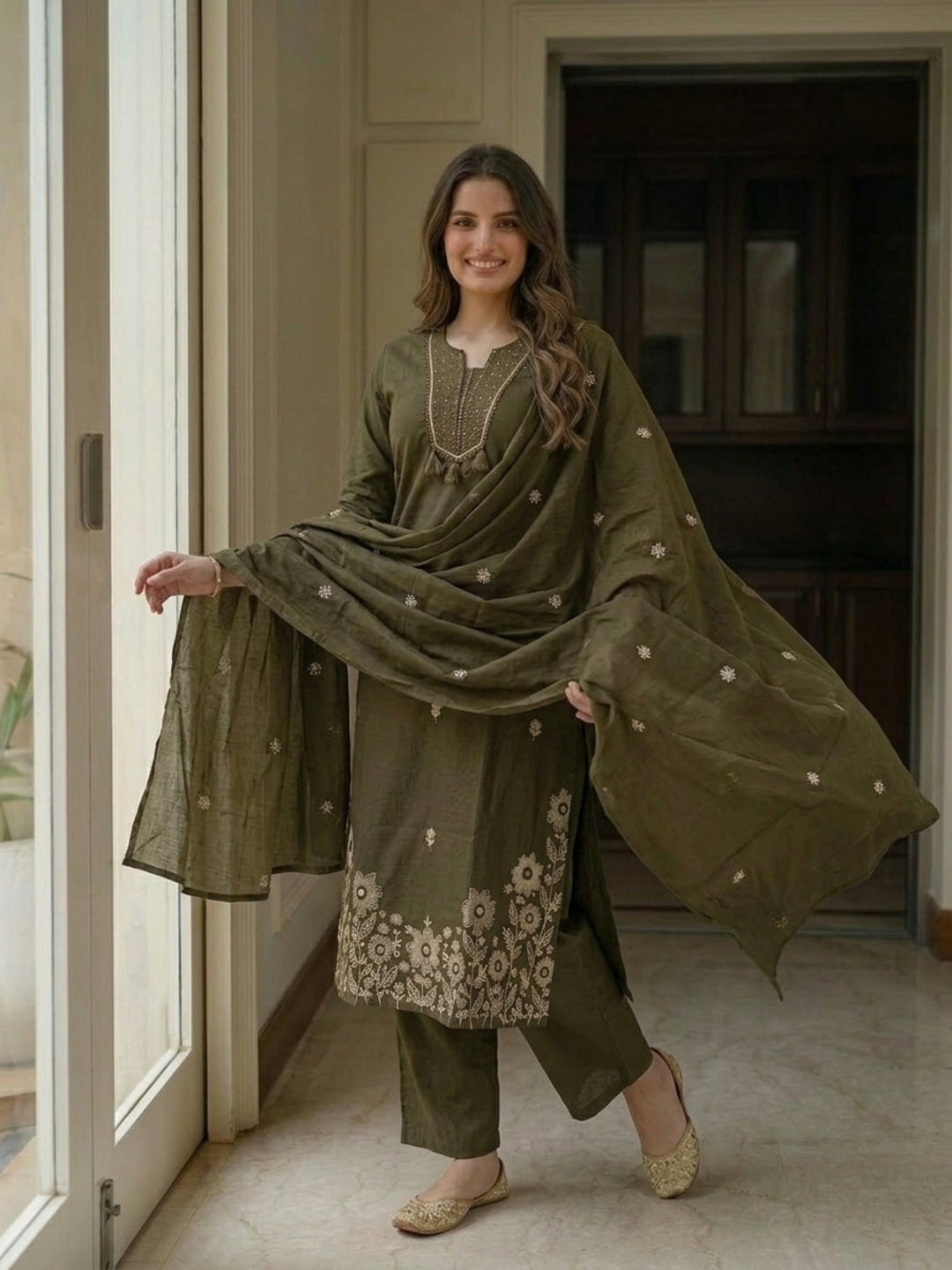 Olive Green Solid Cotton A-Line Kurta Set with Mirror Work, Trouser & Embroidered Dupatta