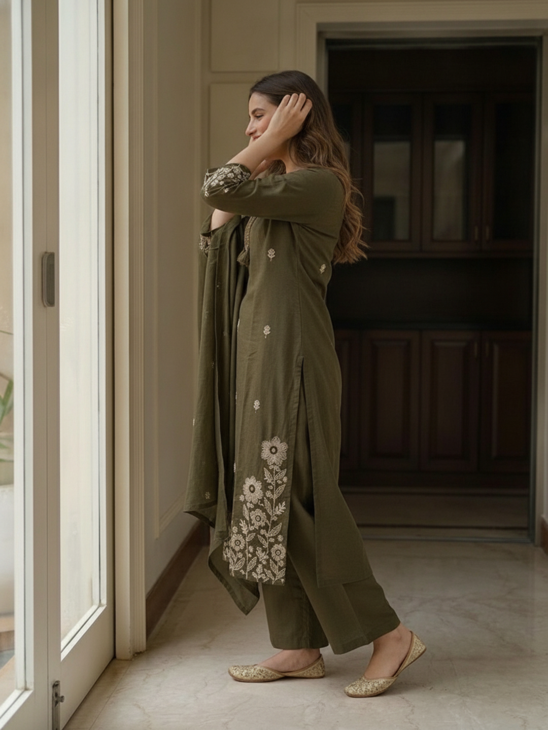 Olive Green Solid Cotton A-Line Kurta Set with Mirror Work, Trouser & Embroidered Dupatta
