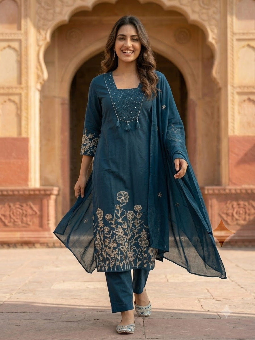 Navy Blue Solid Cotton A-Line Kurta Set with Floral Thread & Bead Embroidery, Pant & Dupatta