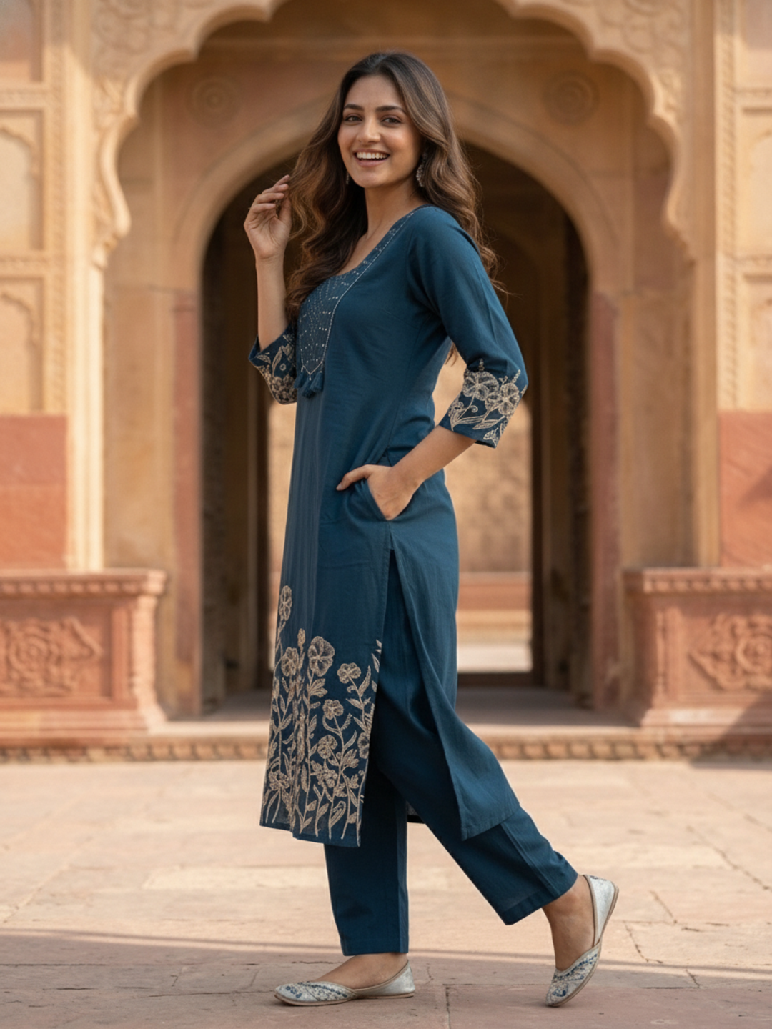 Navy Blue Solid Cotton A-Line Kurta Set with Floral Thread & Bead Embroidery, Pant & Dupatta