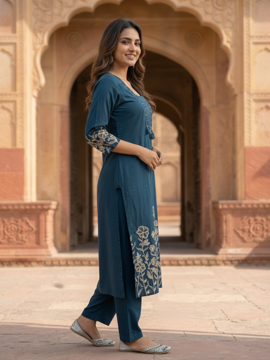 Navy Blue Solid Cotton A-Line Kurta Set with Floral Thread & Bead Embroidery, Pant & Dupatta