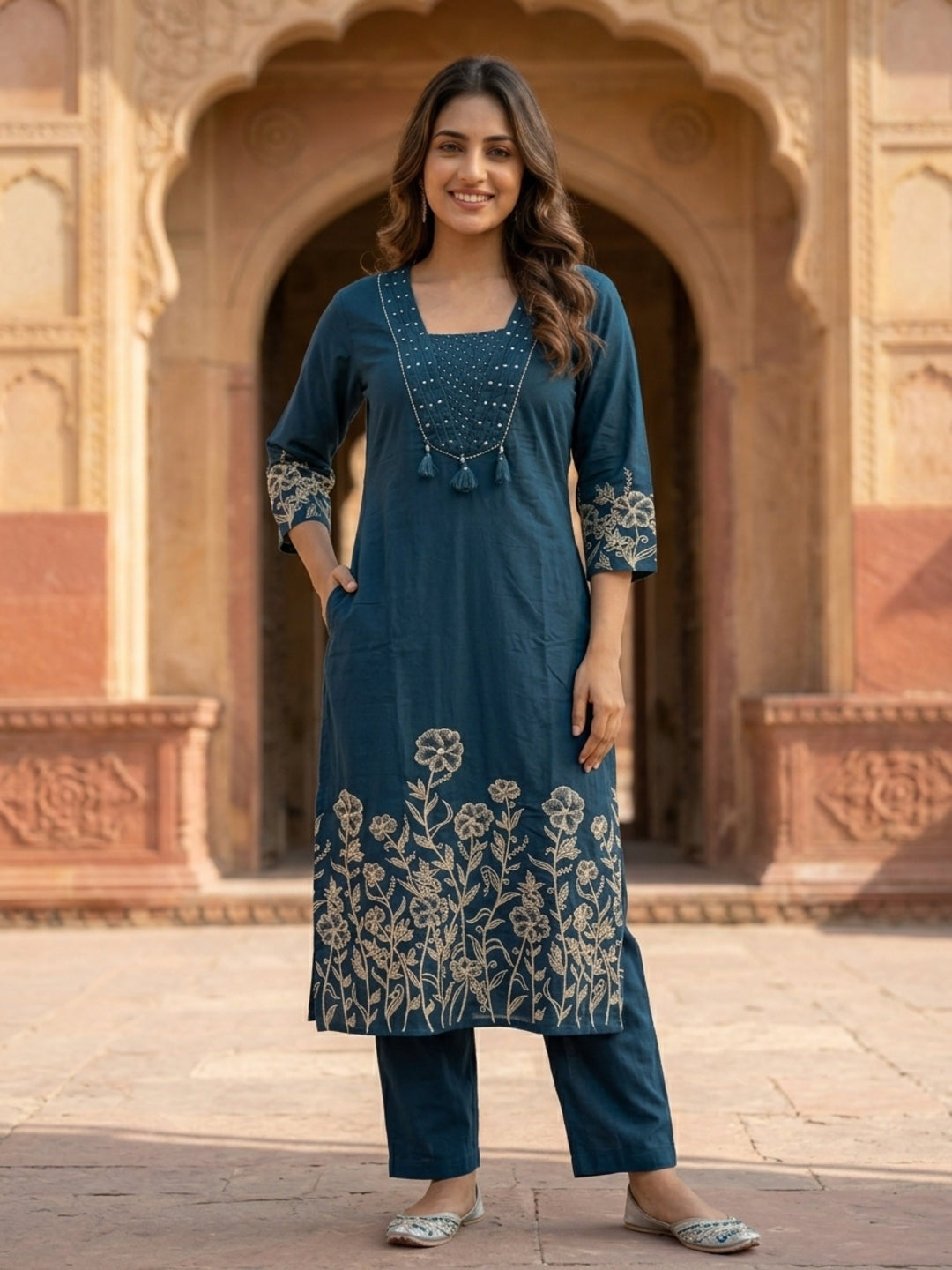 Navy Blue Solid Cotton A-Line Kurta Set with Floral Thread & Bead Embroidery, Pant & Dupatta