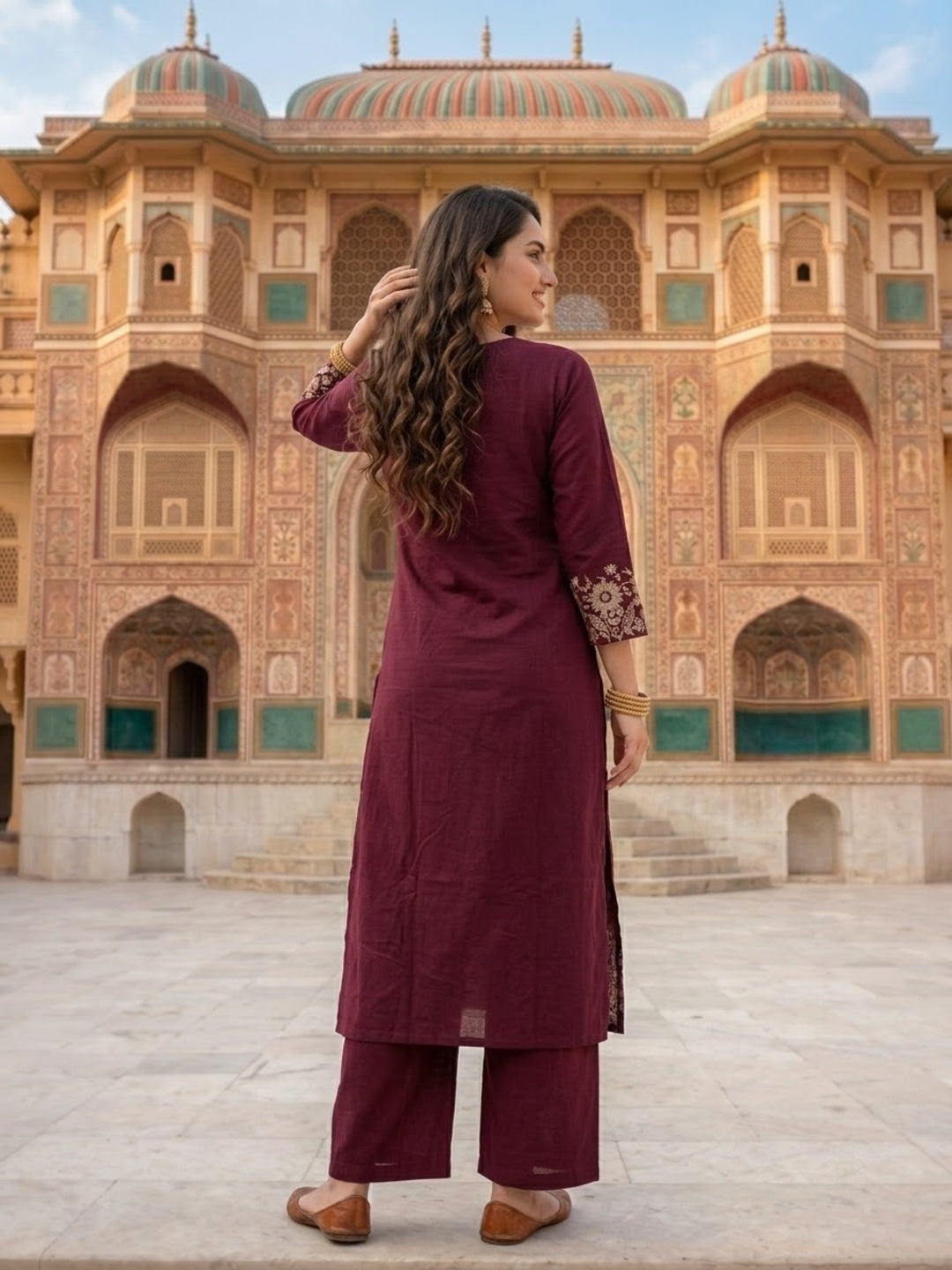 Burgundy Solid Cotton A-Line Kurta Set with Floral Embroidery, Pant & Dupatta